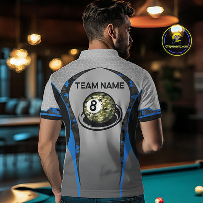 Camo 8 Ball Pool Billiard Polo & 1/4-Zip Shirt For Men Custom Blue And Grey Billiard Team Attire NYN3048