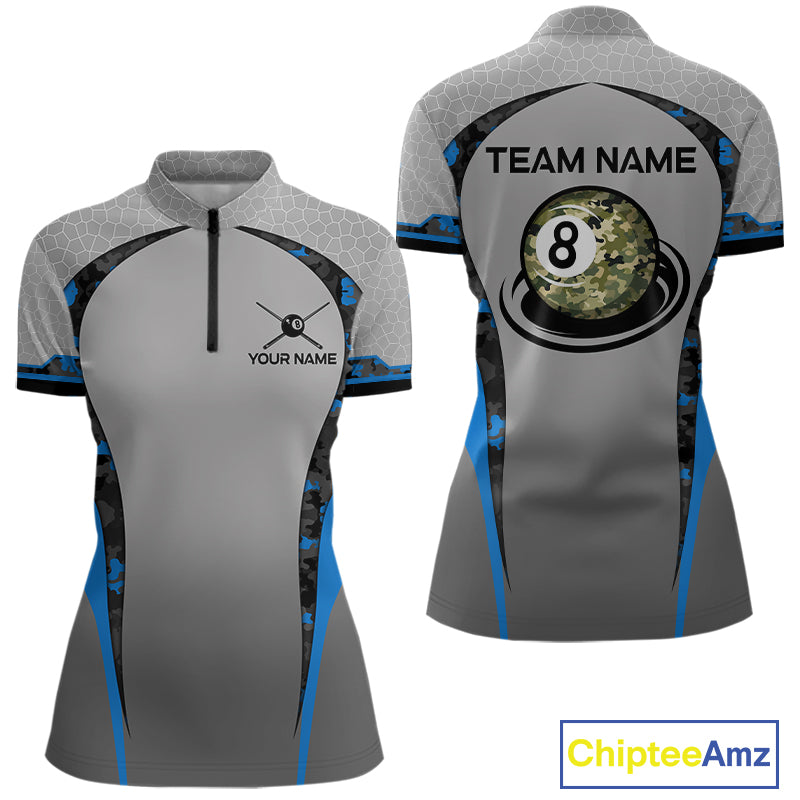 Camo 8 Ball Pool Billiard Polo & 1/4-Zip Shirt For Women Custom Blue And Grey Billiard Team Attire NYN3048