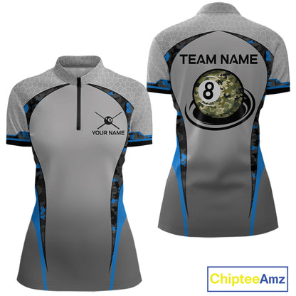 Camo 8 Ball Pool Billiard Polo & 1/4-Zip Shirt For Women Custom Blue And Grey Billiard Team Attire NYN3048
