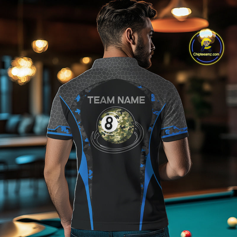 Camo 8 Ball Pool Billiard Polo & 1/4-Zip Shirt For Men Custom Blue And Black Billiard Team Attire NYN3049