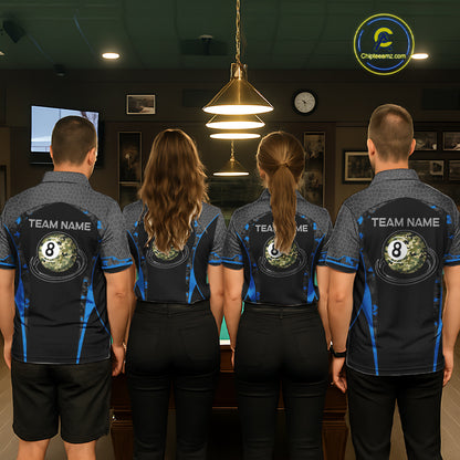 Camo 8 Ball Pool Billiard Polo & 1/4-Zip Shirt For Women Custom Blue And Black Billiard Team Attire NYN3049