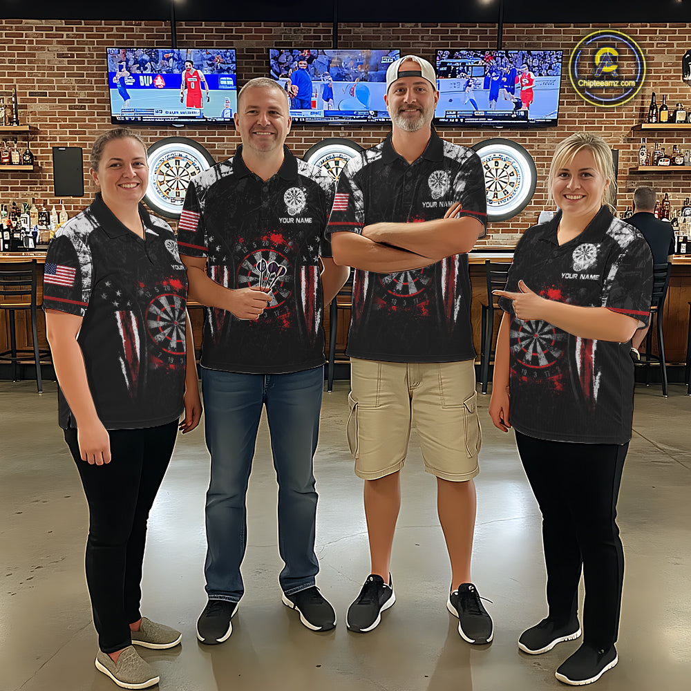Black, White And Red Splatter Dartboard Men Dart Shirt Custom Grunge US Flag Dart Team Attire NYN3212