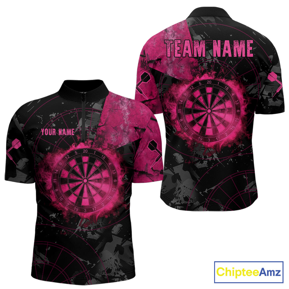 Black And Pink Smoking Dartboard Men Dart Polo 1/4-Zip Shirt Custom Grunge Dart Team Attire NYN3214