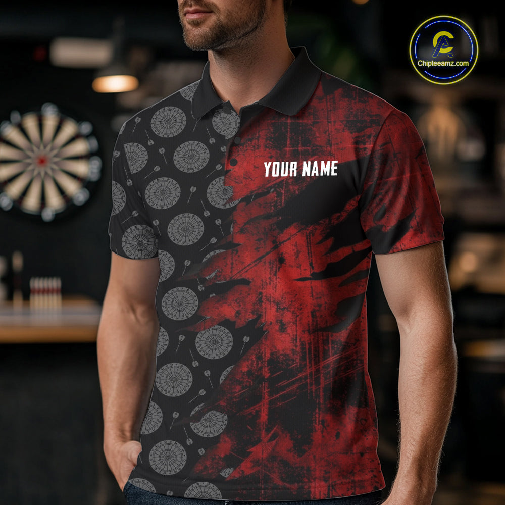Red Grunge Splatter Men Dart Shirt Personalized Dartboard & Arrow Pattern Dart Team Attire NYN3215