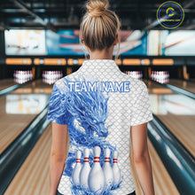 Load image into Gallery viewer, Female model wearing white blue dragon bowling polo shirt custom bowling team jersey for league bowlers