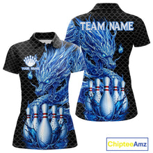 Load image into Gallery viewer, Women's black blue dragon bowling polo shirt mockup custom bowling team jersey splatter dragon bowling apparel
