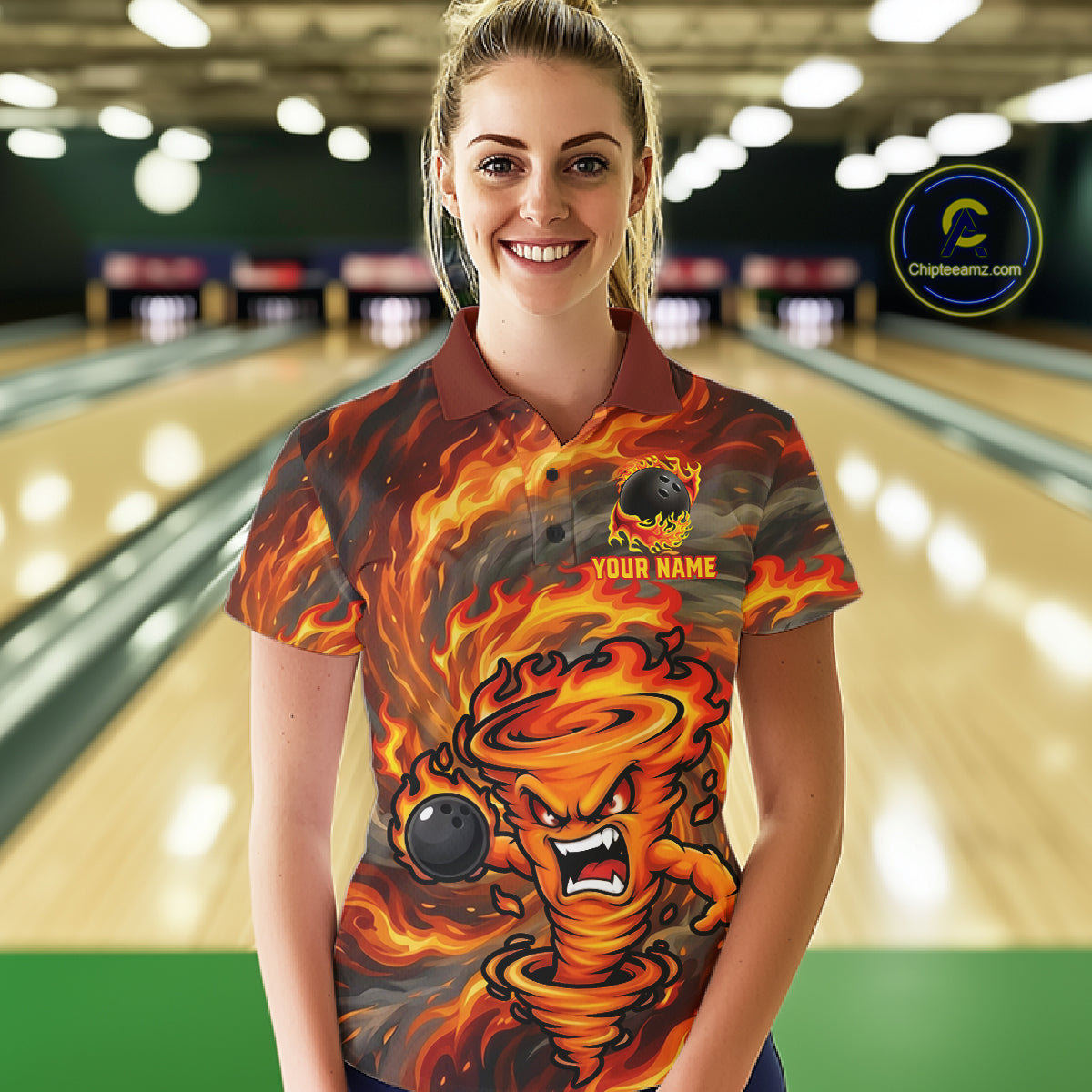 Female model wearing red storm fire flame bowling polo shirt custom bowling team jersey for league bowlers