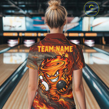 Load image into Gallery viewer, Female model wearing red storm fire flame bowling polo shirt custom bowling team jersey for league bowlers