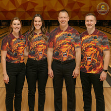 Load image into Gallery viewer, Bowling team wearing red storm fire flame bowling shirts custom bowling team jerseys for tournaments