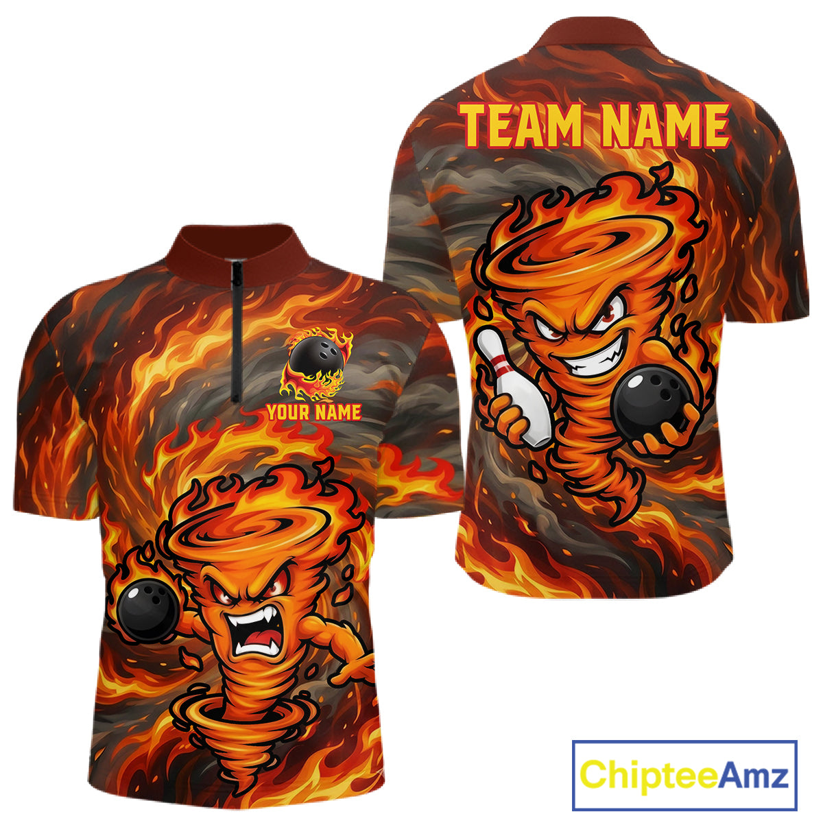 Men's red storm fire flame bowling quarter zip shirt mockup custom bowling team jersey flame bowling apparel