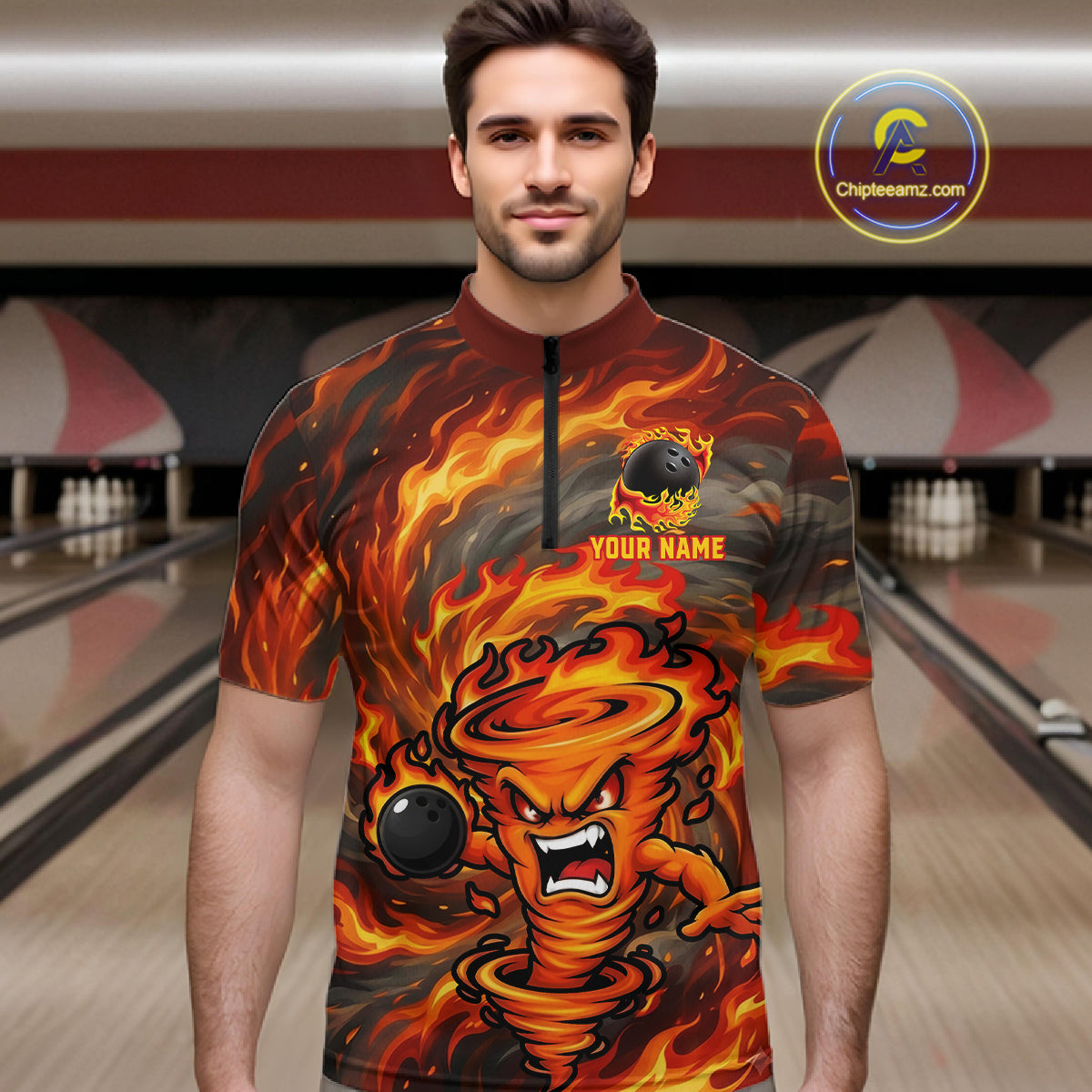 Male model wearing red storm fire flame bowling polo shirt custom bowling team jersey for league bowlers