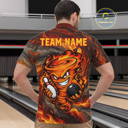 Male model wearing red storm fire flame bowling polo shirt custom bowling team jersey for league bowlers