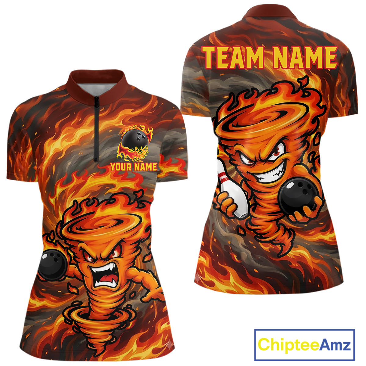 Women's red storm fire flame bowling quarter zip shirt mockup custom bowling team jersey flame bowling apparel