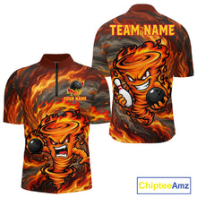 Load image into Gallery viewer, Men's red storm fire flame bowling quarter zip shirt mockup custom bowling team jersey flame bowling apparel