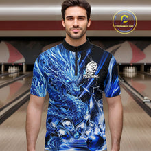 Load image into Gallery viewer, Male model wearing thunder lightning blue dragon bowling polo shirt custom bowling team jersey