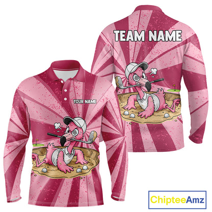Men's golf polo mockup featuring distressed pink flamingo graphics, personalized golf polo for tournaments, golf teams, golf outings and country clubs. Appeals to bird lovers, tropical fashion enthusiasts, beach vacation travelers.