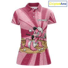 Load image into Gallery viewer, Women's golf polo mockup featuring vibrant grunge pink flamingo artwork, personalized golf tournament shirt for ladies golf leagues, country clubs, vacation golf apparel and tropical fashion enthusiasts. Themes of grace, harmony and confidence.