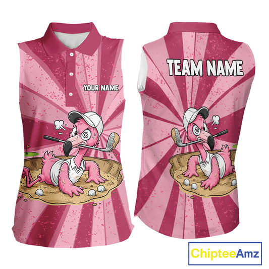 Women's funny Pink Flamingo golf artwork displayed on a premium sleeveless polo mockup, breathable UPF performance golf apparel, custom golf team uniform, tropical golf clothing for golf tournaments, country clubs and summer golf outings. Perfect for flamingo lovers, beach lovers, tropical lifestyle fans, resort travelers.