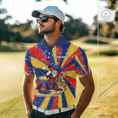 Male golfer modeling colorful parrot golf polo during championship event, premium golf clothing for golf lovers, travelers and wildlife enthusiasts. Represents confidence, intelligence and adventurous spirit.