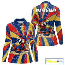 Load image into Gallery viewer, Women's golf polo mockup featuring vibrant grunge parrot artwork, custom golf shirt for women's golf teams, country clubs and tropical golf vacations. Themes: creativity, optimism and adventure.