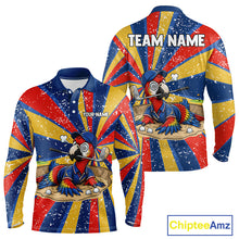 Load image into Gallery viewer, Men's golf polo mockup with colorful tropical parrot artwork, personalized performance golf shirt for golf tournaments, golf teams and country club events. Appeals to nature lovers, exotic bird fans and tropical lifestyle followers.
