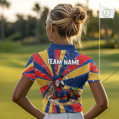 Female golfer wearing colorful parrot golf polo during golf league play, premium breathable golf apparel for tropical fashion lovers, bird enthusiasts and vacation travelers.