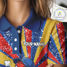 Load image into Gallery viewer, Female golfer wearing colorful parrot golf polo during golf league play, premium breathable golf apparel for tropical fashion lovers, bird enthusiasts and vacation travelers.