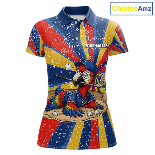 Women's golf polo mockup featuring vibrant grunge parrot artwork, custom golf shirt for women's golf teams, country clubs and tropical golf vacations. Themes: creativity, optimism and adventure.