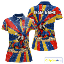 Load image into Gallery viewer, Women's golf polo mockup featuring vibrant grunge parrot artwork, custom golf shirt for women's golf teams, country clubs and tropical golf vacations. Themes: creativity, optimism and adventure.