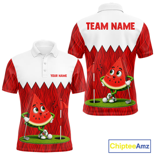 Men's golf polo mockup featuring vibrant watermelon artwork, personalized golf shirt for tournaments, golf leagues and golf vacations. Appeals to summer lovers, fruit enthusiasts and tropical lifestyle fans.