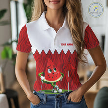 Load image into Gallery viewer, Female golfer wearing watermelon golf polo during a summer golf outing, lightweight golf apparel for beach vacations, golf leagues and resort clubs. 