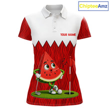 Load image into Gallery viewer, Women's golf polo mockup featuring playful watermelon graphics, personalized golf tournament apparel for ladies golf leagues, summer golf trips and golf clubs.