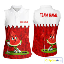 Load image into Gallery viewer, Women's Watermelon sleeveless golf polo mockup featuring fresh red and white fruit artwork, breathable golf apparel for tournaments, golf vacations and summer golf outings. Great for fruit lovers, foodies, picnic lovers, beach lifestyle fans. Represents happiness, abundance, celebration and friendship.