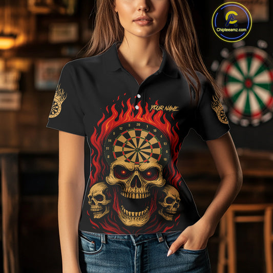 Custom Grunge Horror Skull Fire Flame Dartboard Dart Polo Jerseys For Women Dart Gifts NYN1648