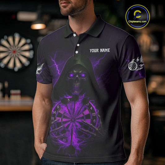 Custom Lightning Purple Bone Skeleton Dartboard Dart Men Polo Jerseys Dart Shirt Gifts NYN1650