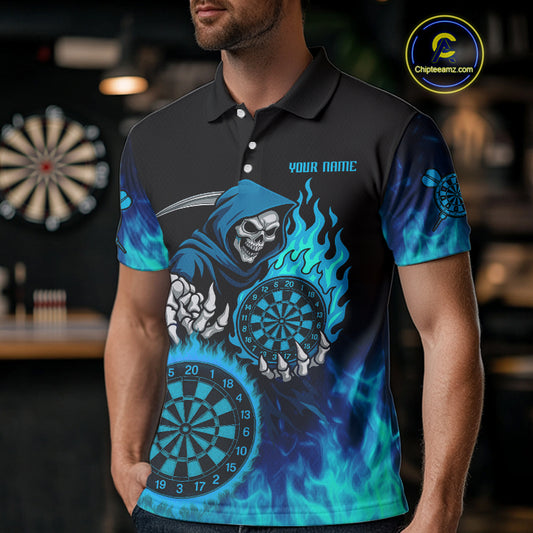 Custom Blue Flames Dartboard Horror Grim Reaper Dart Men Polo Jerseys Outfits Dart Shirt NYN1658