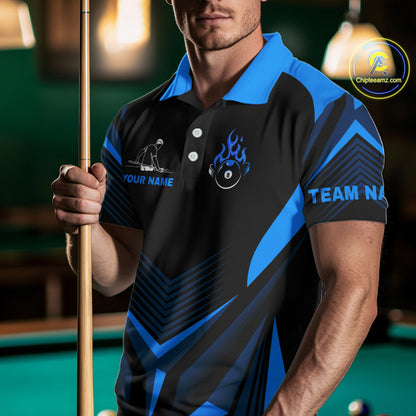 Blue Flaming 8 Ball Pool Polo & 1/4-Zip Team Shirt For Men Custom Billiards Ball Apparel NYN2465