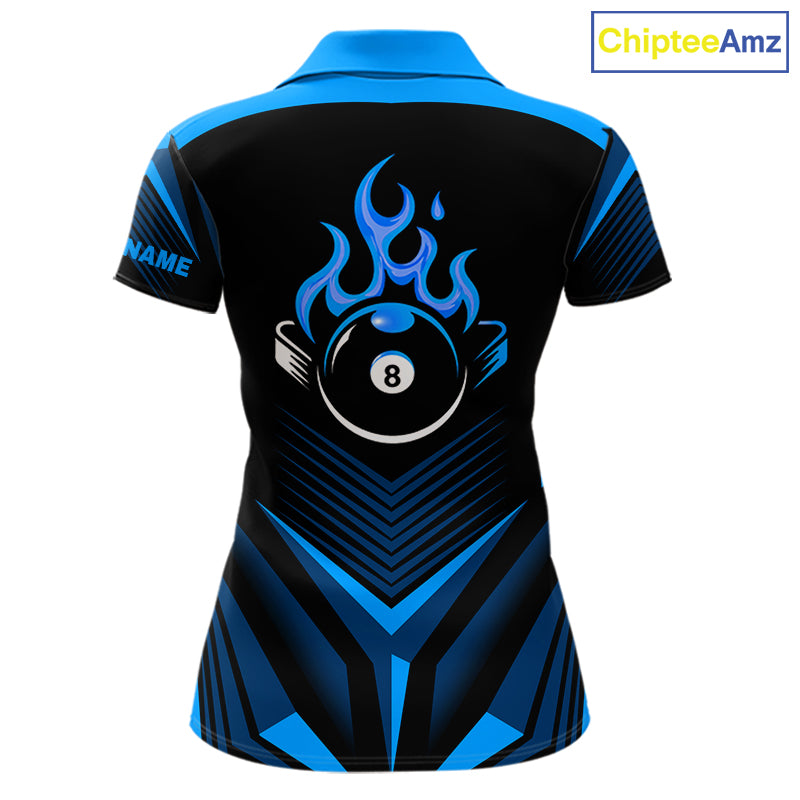 Blue Flaming 8 Ball Pool Polo & 1/4-Zip Team Shirt For Women Custom Billiards Ball Apparel NYN2465