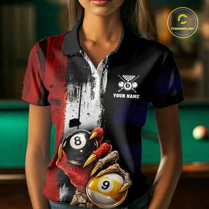 Skull Hoding 9 Ball & 8 Ball Pool Women Billiard Team Shirt Custom Blue & Red Billiards Ball Apparel NYN2468