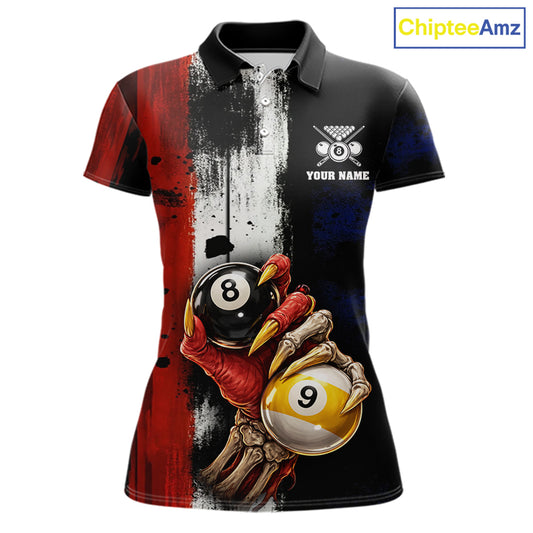 Skull Hoding 9 Ball & 8 Ball Pool Women Billiard Team Shirt Custom Blue & Red Billiards Ball Apparel NYN2468