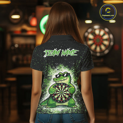 White And Green Funny Crocodile Hold Dartboard Dart Polo Shirts For Women Custom Dart Team Shirts NYN2675