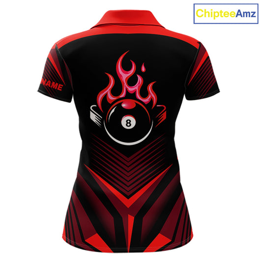 Red Flaming 8 Ball Pool Polo & 1/4-Zip Team Shirt For Women Custom Billiards Ball Apparel NYN2831