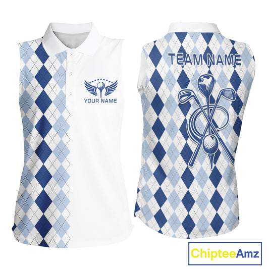 Womens Blue Argyle Golf Shirts Argyle Golf Clothing Custom Blue Golf Sleeveless Polo, Best Golf Gifts NYN3051