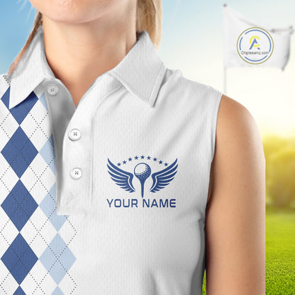 Womens Blue Argyle Golf Shirts Argyle Golf Clothing Custom Blue Golf Sleeveless Polo, Best Golf Gifts NYN3051