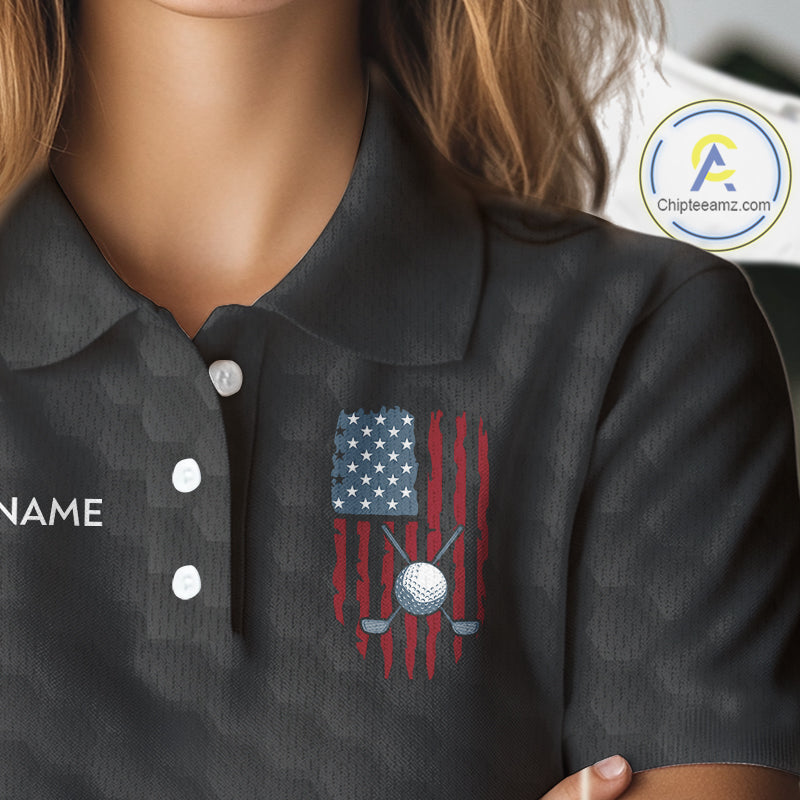 Womens American Flag Golf Shirts Patriotic Golf Jersey Custom Black Ball Golf Clothing, Golf Gifts NYN3053