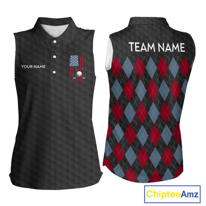 Womens American Flag Golf Shirts Patriotic Golf Jersey Custom Black Ball Golf Sleeveless Polo Jerseys NYN3053