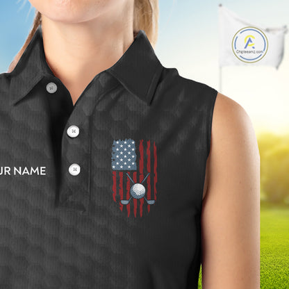 Womens American Flag Golf Shirts Patriotic Golf Jersey Custom Black Ball Golf Sleeveless Polo Jerseys NYN3053