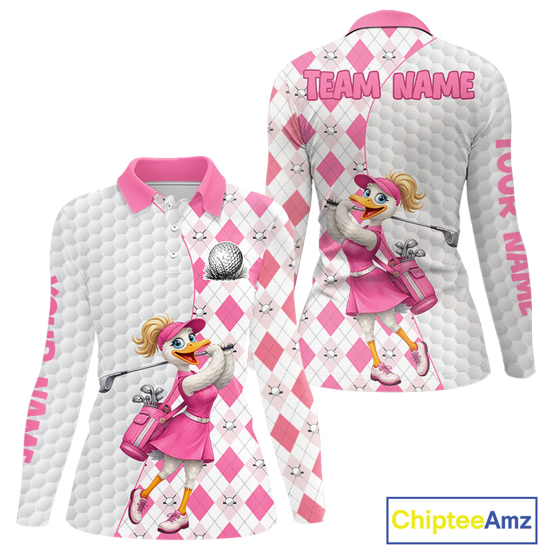Custom Pink Argyle Golf Polo Shirts For Women Funny Duck Golfer Best Golf Clothing Shirts NYN3055
