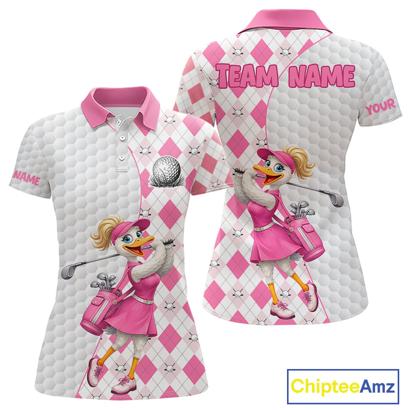 Custom Pink Argyle Golf Polo Shirts For Women Funny Duck Golfer Best Golf Clothing Shirts NYN3055