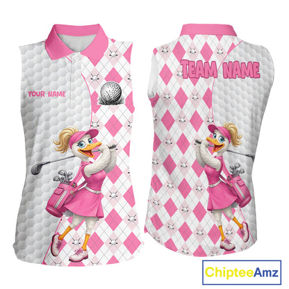 Custom Pink Argyle Golf Sleeveless Polo Shirts For Women Funny Duck Golfer Best Golf Clothing Shirts NYN3055